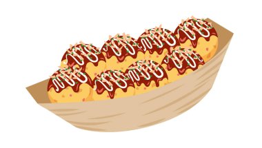 Tekne şeklindeki bir konteynırda sekiz parça takoyaki..