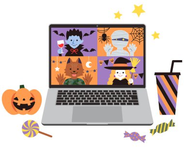 Masaya yerleştirilmiş şekerler ve Cadılar Bayramı balkabakları dizüstü bilgisayarda sergilenen ve internetteki bir Cadılar Bayramı partisinden keyif alan dört canavar. Kont Drakula, Mumya Adam, Kurt Adam, Cadı.