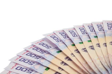 Para yığını beyaz arkaplan ve boşluk üzerinde bir daire içinde düzenlenmiş