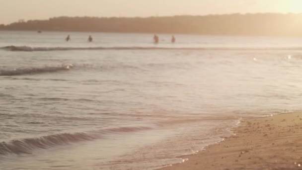Vågor på stranden i solnedgång ljus — Stockvideo