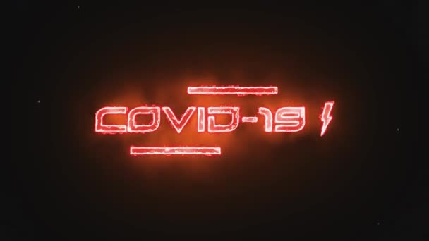コロナウイルスLooped書き込み効果のある無限のテキストアニメーション 赤と黄色のネオンカラー Covid 19火の粒子暗い背景を持つテキスト テキストアニメーションと雷のシンボル — ストック動画