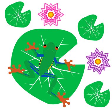 Yeşil yapraklı kırmızı gözlü ağaç kurbağası, çiçek, vektör