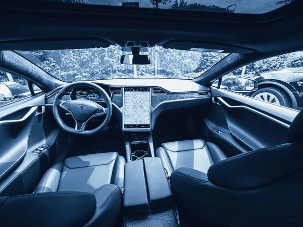 Urmond Holandia Maja 2018 Skórzane Luksusowe Wnętrze Samochód Elektryczny Tesla — Zdjęcie stockowe