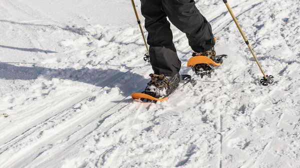 雪のパス上のオレンジ色のスノーシューを持つ男 トレッキング ポールがスノーシューの男は山の雪です スノーシュー バックカントリー靴の最も汎用性と最高レベルのパフォーマンス — ストック写真