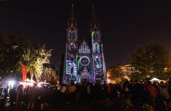 Prague October 2018 Videomapping Countdown Saint Ludmila Church Prague Signal — Stock Photo, Image