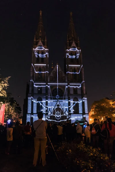Praga Ottobre 2018 Videomapping Conto Alla Rovescia Chiesa San Ludmila — Foto Stock