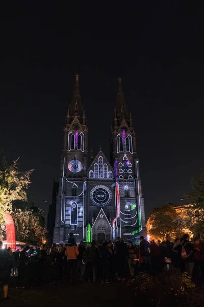 Praga Ottobre 2018 Videomapping Conto Alla Rovescia Chiesa San Ludmila — Foto Stock