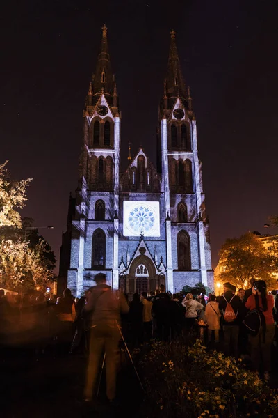 Praha Října 2018 Videomapping Odpočítávání Kostel Saint Ludmila Praze Signál — Stock fotografie