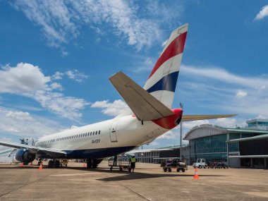 Livingston, Zambiya - 24 Kasım 2018. Boeing 737-436 British Airways (Comair) Harry Mwanga Nkumbula Uluslararası Havaalanı Livingstone, Zambiya, Afrika