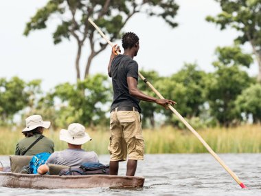 Maun yakınındaki Okavango Deltası'nda Mokoro kano gezisi. Turistler ve kamp Delta Okawango, Botswana nehirleri arasında teslim etmek için Mokoro üzerinde çalışan yerel adam