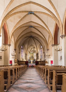 Bad Gastein, Avusturya - 18 Şubat 2019. Nikolauskirche. Avusturya 'da Sankt Nikolaus Bad Gastein, iç mekan