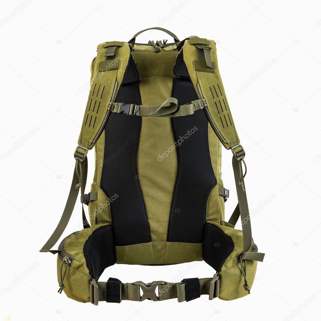 green hiking backpack for hunters camouflage with side pockets on a white background,