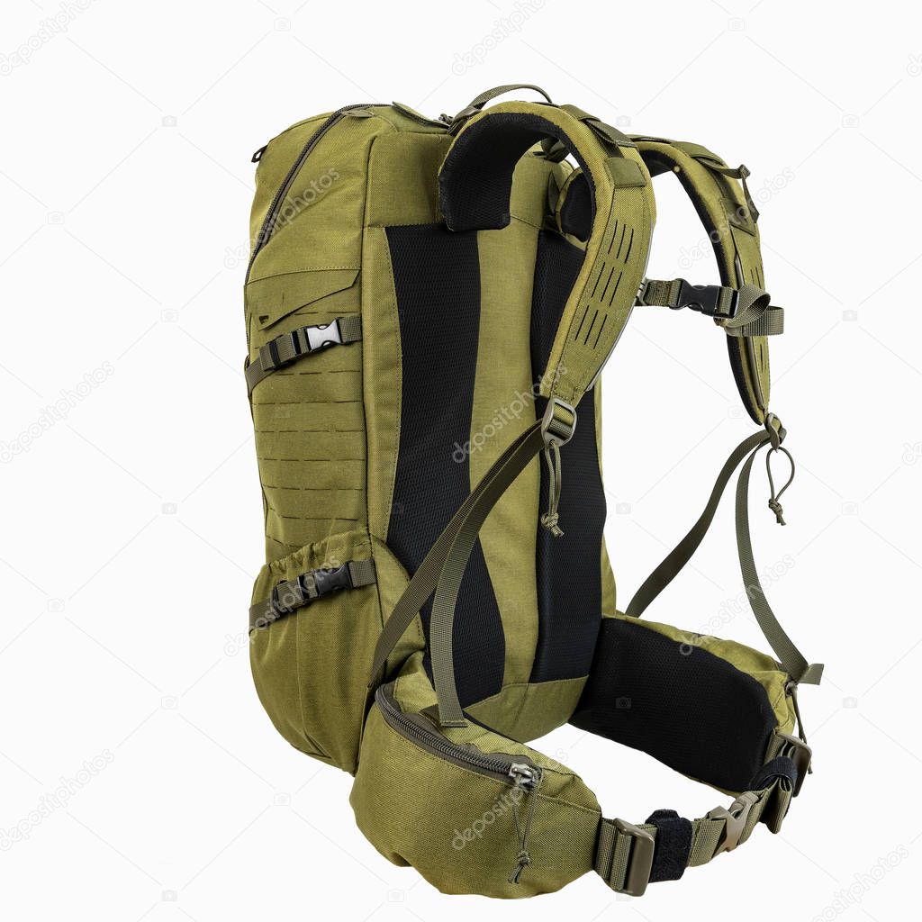 green hiking backpack for hunters camouflage with side pockets on a white background,