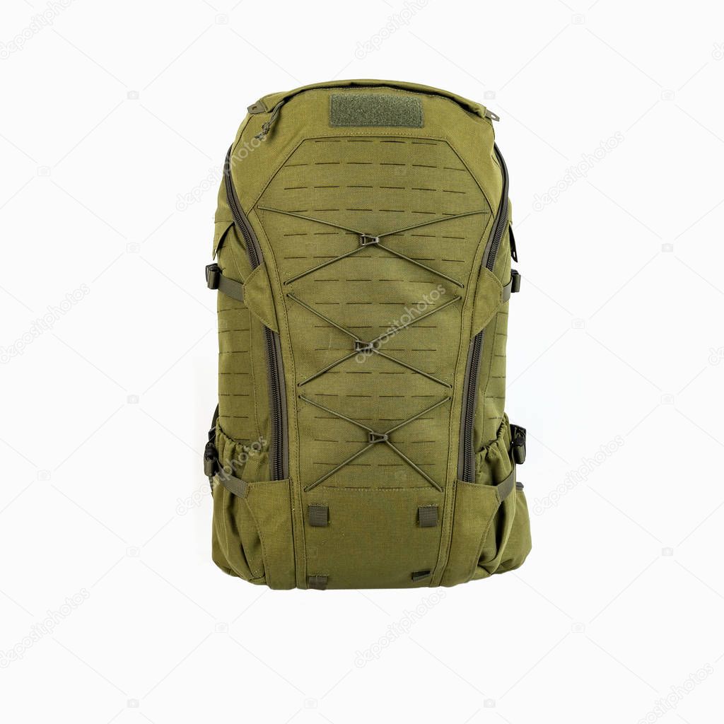 green hiking backpack for hunters camouflage with side pockets on a white background,