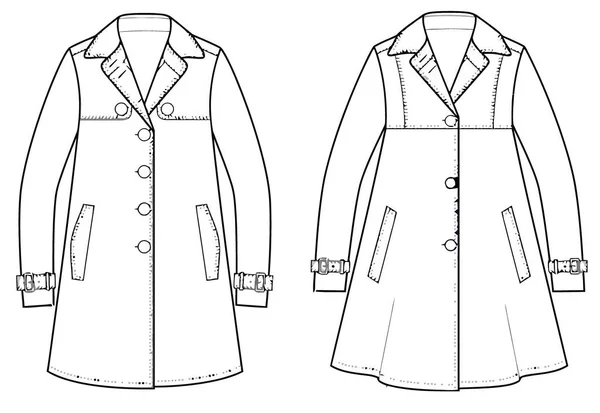 Ladies Trench coat technical drawing pattern. Vector illustration of women's trench coat. Front and back view.
