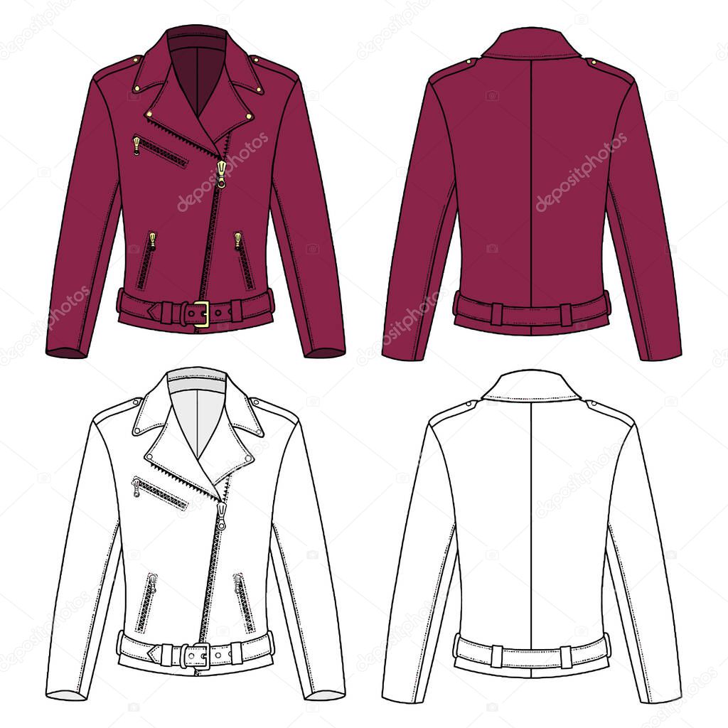 Jacket technical sketch for woman. Outline jacket illustration isolated on white.