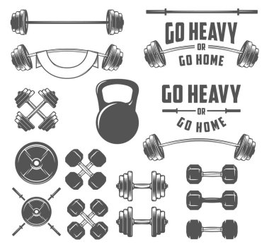 Set of vintage gym accessories including dumbbells, barbells, weight training accessories. clipart