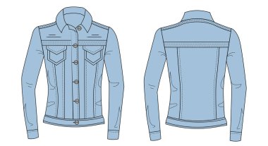 Kadın ceketi şablonu. Denim mavi kot ceketi beyaza izole edilmiş. Denim Jacket teknik taslak şablonu. Kot ceketin dikiş izi..