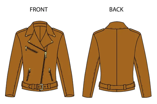 Motosiklet ceketi şablonu. Kadın motorcu deri ceketi, teknik dikiş deseni. Kadın deri ceket çizimi..