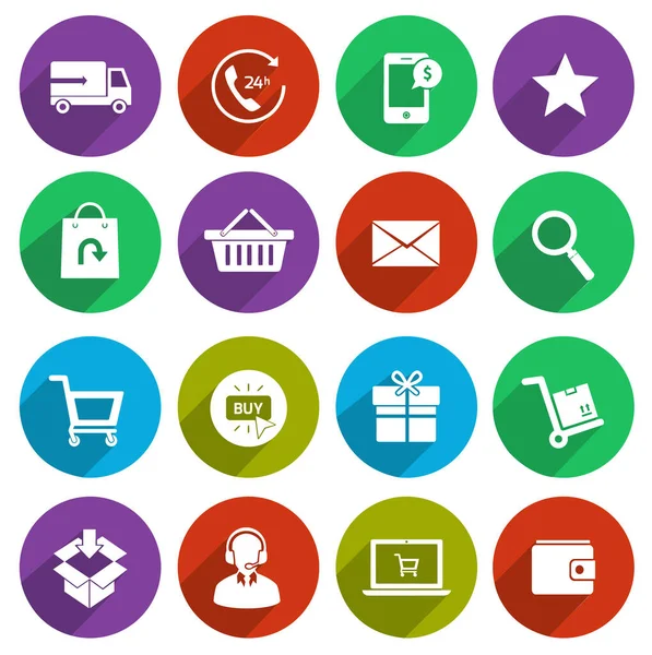 Alışveriş eCommerce düz simge seti. eCommerce ve online mağaza simgesi koleksiyonu. Uzun gölgeli alışveriş simgesi seti.