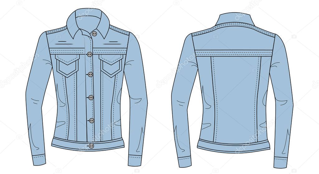 Woman spring jacket template. Denim blue jeans jacket isolated on white. Denim Jacket technical sketch template. Jeans jacket sewing pattern.