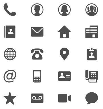 Simgelerle bağlantı kurun. Kişi simgeleri beyaz arkaplanda ayarlandı. Telefon, akıllı telefon, e-posta, konum, ev, dünya, adres, sohbet.
