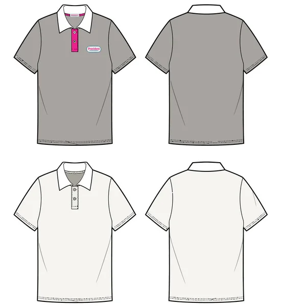 Gri ve beyaz boş polo şablonu. Giysiler için polo tişört şablonu. Polo tişörtü teknik dikiş kalıbı.