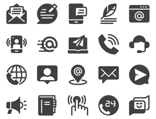 Simgelerle bağlantı kurun. Kişi simgeleri beyaz arkaplanda ayarlandı. Telefon, akıllı telefon, e-posta, konum, ev, dünya, adres, sohbet.