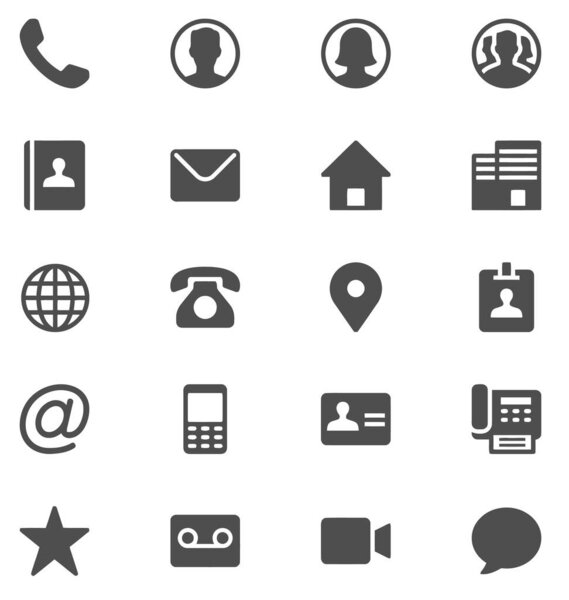 Contact us icons. Contact glyphs icon set on white background. Phone, smartphone, email, location, house, globe, address, chat.