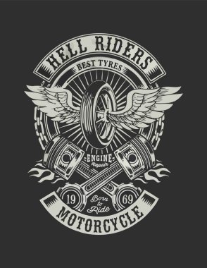 Biker tişört tasarım şablonları. Motosiklet tipografisi, tişört grafikleri, vektör amblemleri. Bisikletçi tişörtü tasarım elementleri.