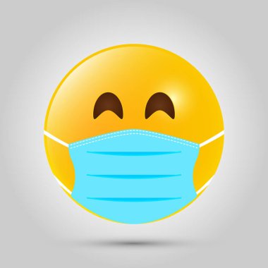 Mavi ağız maskeli Emoji. Gri şablondaki sarı emoji simgesi. Vektör illüstrasyonu