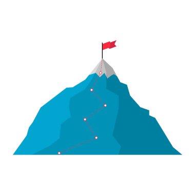 Dağda kırmızı bayrak ve tepeye giden yol. Hedefe giden yol, yükselme, motivasyon. Hedefin başarısına giden yol