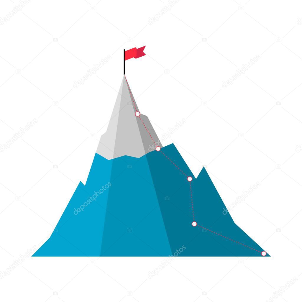 Mountain with red flag and with route to the top. Road to goal , move up, motivation. Path to the target's achievement