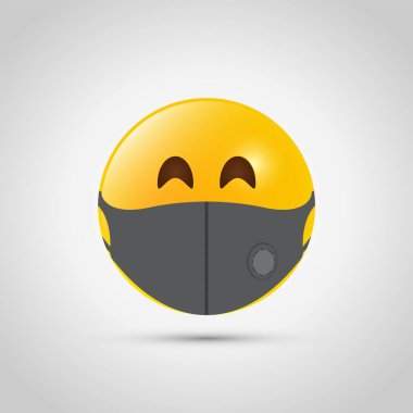 Ağzı gri solunum maskeli Emoji. Gri şablondaki sarı emoji simgesi. Tıbbi yüz maskesi. Vektör
