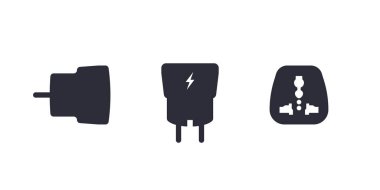 Farklı görünümde akıllı telefon USB şarj aleti adaptörü. Yan görüş. Hava görüntüsü. Ön manzara. Bağlantı adaptörü. Vektör