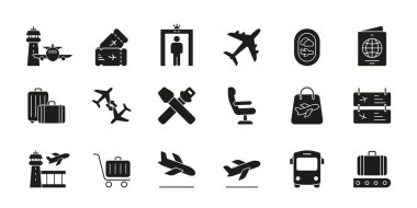 Havaalanı ve Seyahat Simgesi hazır. Havacılık, Güvenlik ve Yolcu Silueti Sembol Koleksiyonu. Uçaklar, bavullar, biletler ve pasaport unsurları dahil. İzole Vektör İllüstrasyonu.