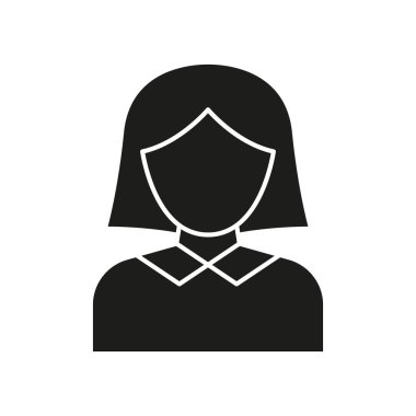 Dişi Avatar Katı Simge. Kullanıcı Profili, Hesap Kimliği ve Kişisel Temsil Silüeti Sembolü. Basitleştirilmiş Kadın Şekil Tasarımı. Sosyal medya kullanıcısı. İzole Vektör İllüstrasyonu.