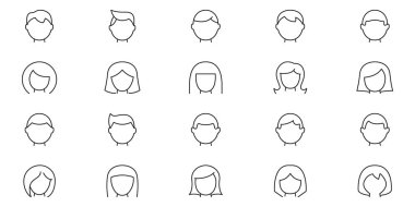 Kullanıcı Görselleri Satır Simgesi Ayarlandı. Profil Tanımlama Sembol Koleksiyonu için Çeşitli Saç Tıraşları ve Taslakları Olan Basit Erkek ve Kadın Başları. Düzenlenebilir Vuruş. İzole Vektör İllüstrasyonu.