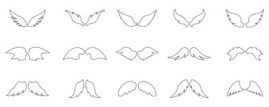 Simetrik Melek Kanatları Çizgi Simgesi Ayarlandı. Ruhsal Kanat Şekilleri Toplama Yükselişi, Göksel Hareket, Özgürlük ve Koruma Sembolü. Düzenlenebilir Vuruş. İzole Vektör İllüstrasyonu.