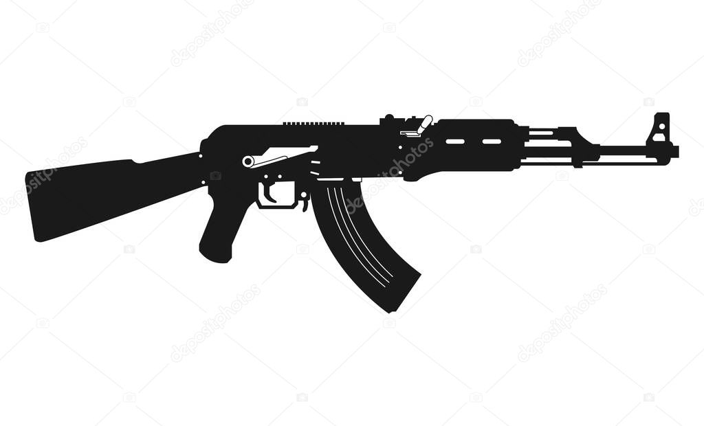  Submachine gun icon or sign isolated on white background. AK47 black silhouette. Vector illustration.