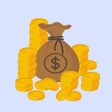 Bir yığın altın para, bir çanta dolusu para ve bir vektör koruma konsepti..