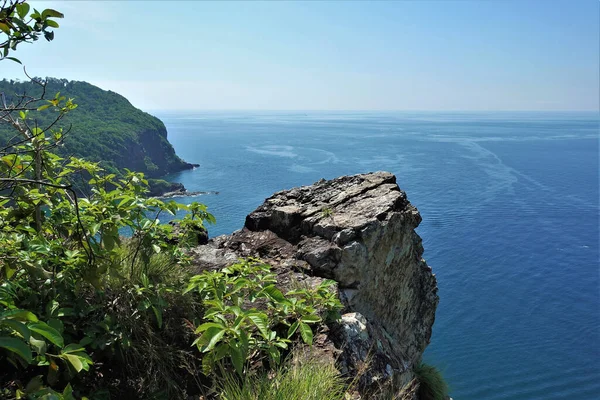 海洋中的热带岛屿 一块顶部平坦的高岩石突入水中 形成了深渊上方的观景台 四周的植物 在远处是另一个绿色的岛屿 平静的蓝色大海和晴朗的天空 — 图库照片