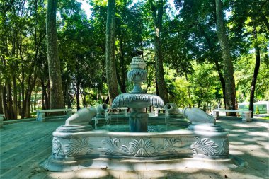 İstanbul şehir parkındaki mermer çeşme. Merkezi kısım zarif bir çiçek ve yapraklar şeklinde yapılır. Tabanda, içinden su akan sürahiler var. Dekorasyon - oyma, çiçek süsü.