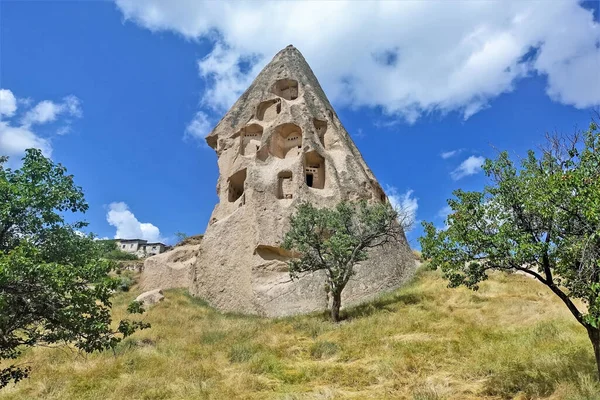 Strange Ancient Rock Cappadocia Backdrop Bright Blue Sky Conical Cliff — Stock Photo, Image