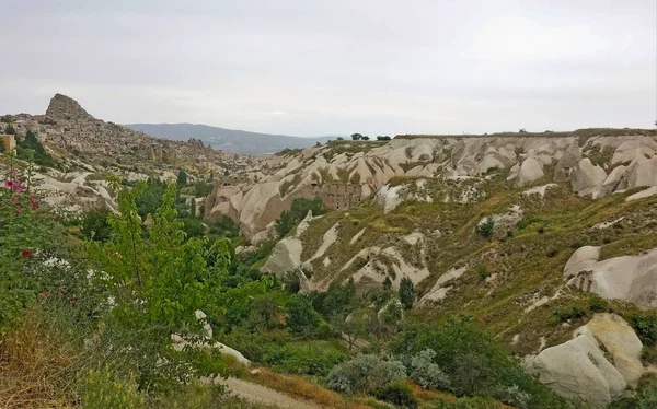 Landscape Cappadocia Valley Pigeons Unusual White Cliffs Green Vegetation Ancient — Stock Photo, Image