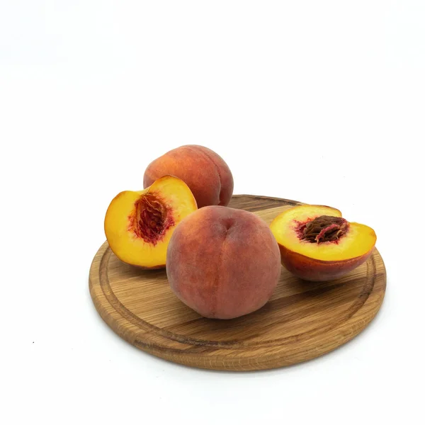 Ripe Fresh Peaches Wooden Board Two Fruits Whole One Cut — Stock Photo, Image