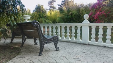 Parkta metal kıvrık bacaklı ahşap bir bank var. Bir ağaç onun üzerine eğildi. İleride beyaz bir balustrade var. Balyaların arasından bir gölet görebilirsiniz, çiçek açan bir ağaç. Rusya