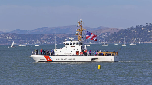 Coast Guard vessel performing at Fleet Week in San Francisco. San Francisco, California,USA -October 5,2018. Fleet Week is an annual event in the San Francisco Bay featuring the military and Coast Guard performing along with the Navy Blue Angels.