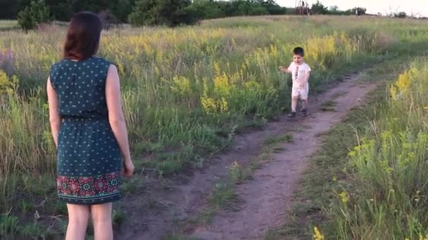 Figlio Bambino Sorride Corre Alla Mamma Mamma Circonda Bambino Bellissimo — Video Stock