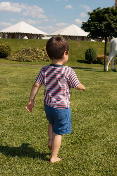 Un niño de 3 años con una camiseta a rayas camina descalzo sobre la hierba verde. Descalzo feliz infancia — Foto de Stock